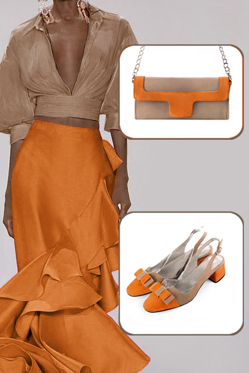 Women's apricot orange and biscuit beige elegant slingback heels, with a bow on the front. Round toe. Low flare heels - Worn view